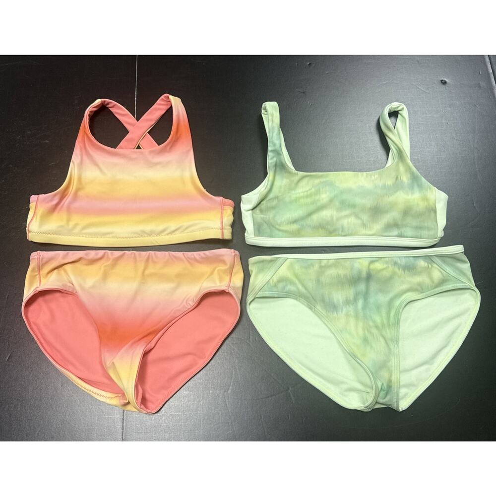 Athleta Girl Medium Two Piece Bikini Swim Suit Pink Green Tie Die Lot Of 2